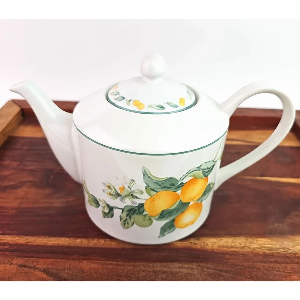 Julie Pople Country Fruit Collection Tea Pot Farmhouse Decor White Yellow Green